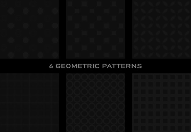 A set of 6 geometric seamless patterns. Dark background, dark gray lines, geometric shapes.