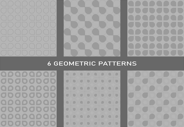 A set of 6 geometric seamless patterns. Light background, light gray lines, geometric shapes.