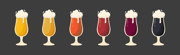 Set of 6 glasses of different types of beer Vector