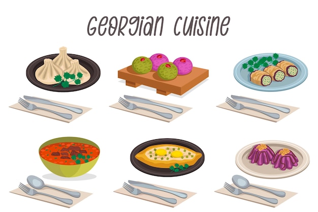 Set of 6 illustrations of georgian cuisine dishes - adjarian khachapuri, badrijani, khinkali, etc