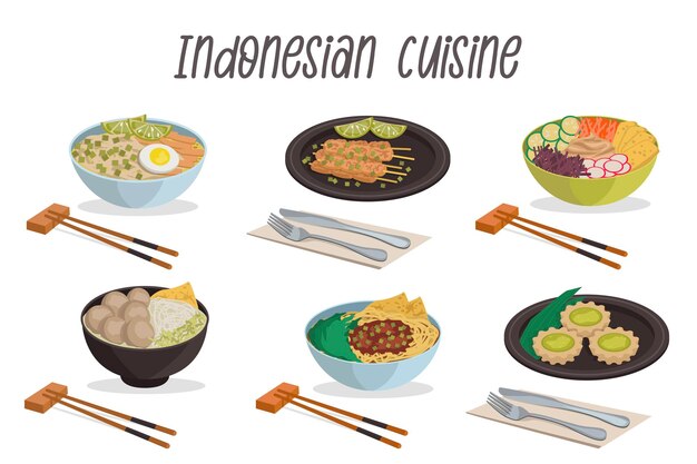 Set of 6 Indonesian food illustrations - sate, soto ayam, bakso, gado gado, mi ayam, susu pie.