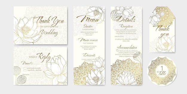 Set of 6 luxury wedding card templates with gold outline tropical lotuses and mandala