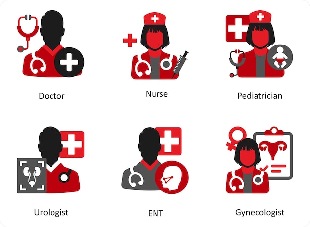 Vettore una serie di 6 icone mediche come medico infermiere pediatra