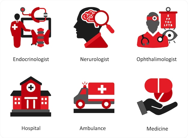 Vector a set of 6 medical icons as endocrinologist neurologist opthalimologist