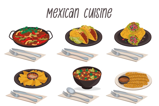 Set of 6 Mexican cuisine illustrations - tacos, fajitas, pozole, burritos, nachos, churros