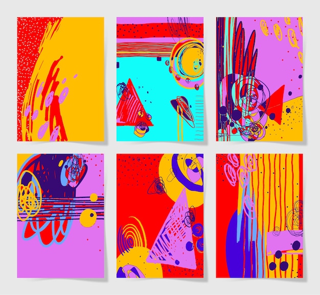 Vector set of 6 modern abstract digital contemporary painting a4 format in trendy hipster style to poster