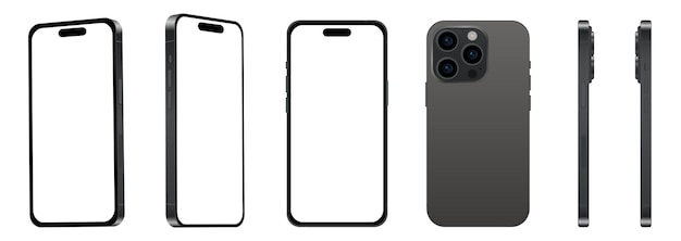 6 個の異なる角度 15 プロ ブラック チタン スマートフォン モデルのセット白い背景ベクトル図の Web デザインのための新しい IT 業界モックアップ