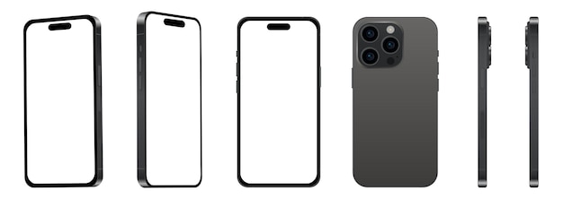 Set di 6 pezzi con angolazioni diverse 15 modelli di smartphone pro nero titanio nuovo mockup del settore it per il web design su sfondo bianco illustrazione vettoriale