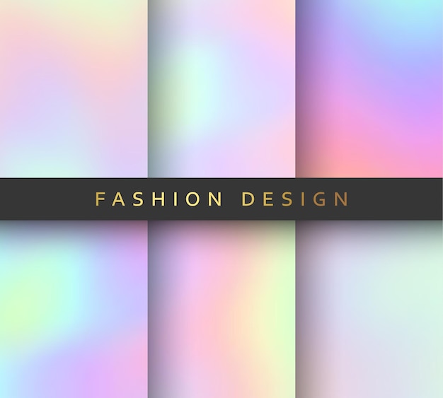 Набор из 6 реалистичных голографических фонов разных цветов для дизайна. Голограмма для создания модного современного дизайна. Фоны для дизайнерских открыток, заливка силуэтов, дизайн шаблона для печати.