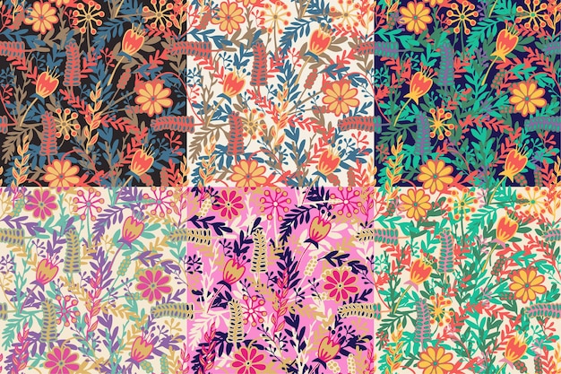 Set of 6 Seamless pattern with hand drawn blooming flowers