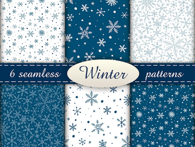 Set of 6 simple seamless patterns. colored winter endless backgrounds with snowflakes. blue and white.