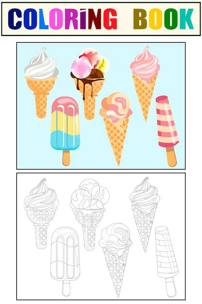 Набор из 6 видов мороженого цвета и раскраски. В стиле минимализм. Мультфильм квартира