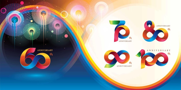 Set of 60 to 100 years Anniversary Colorful logo design, Abstract Twist Infinity multiple line Color