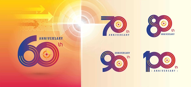 Vector set of 60 to 100 years anniversary logo design sixty to hundred years anniversary, arrow target logo