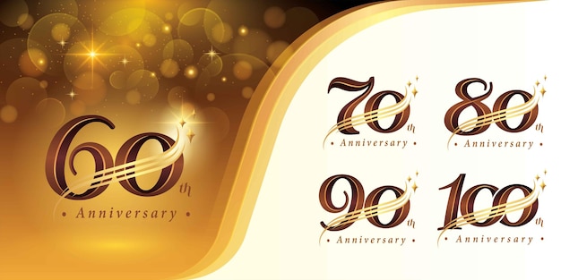 Set of 60 to 100 years Anniversary logo design Sixty to Hundred years Gold curved lines Star Logo
