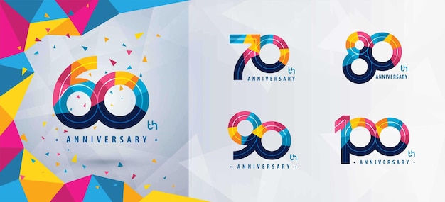 Set di logo anniversario da 60 a 100 anni, triangolo geometrico colorato astratto da sessanta a cento anni