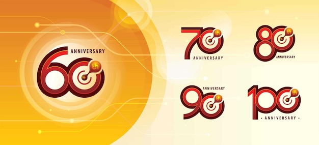 Набор логотипов от 60 до 100 лет, логотип от шестидесяти до ста лет, логотип атомной молекулы