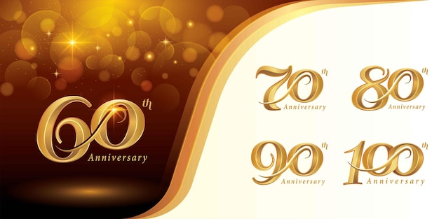 Vector set of 60 to 100 years anniversary logotype design sixty to hundred years gold logo for celebration