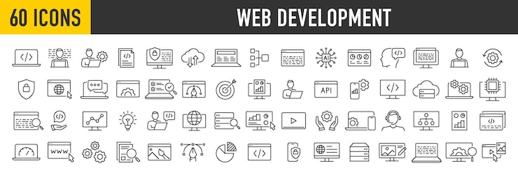Vector set of 60 web development web icons in line style programming code mobile app developer management seo digital web design marketing analytics collection vector illustration