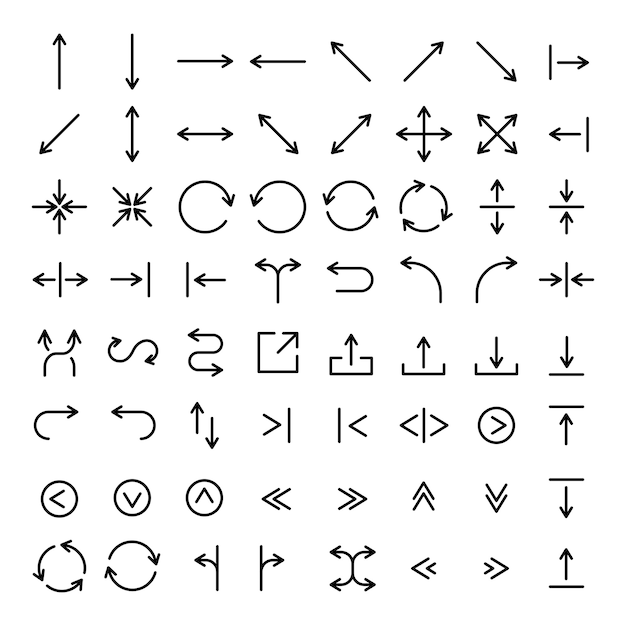 Vector set of 64 arrow thin line icons.