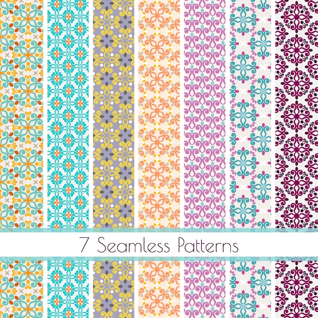 Set of 7 colorful vector seamless patterns.