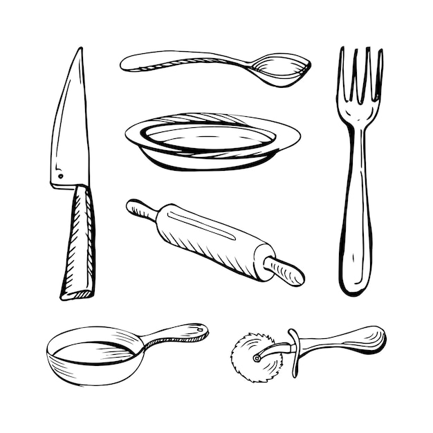 Vector set of 7 cutlery thin black lines on a white background vector