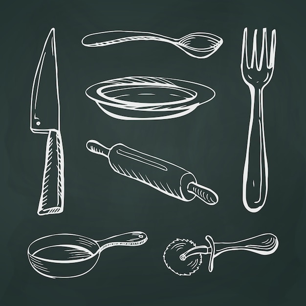 Vector set of 7 cutlery thin white lines on a textural dark background vector