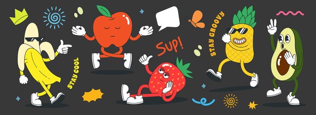 Set of 70s groovy character and element fruits collection vector illustration