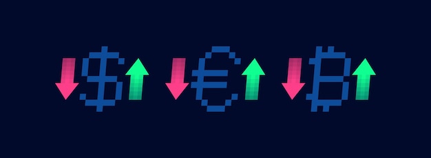 Set of 8 bit pixel art dollar bitcoin and euro sign with arrows up and down Trader profit and loss