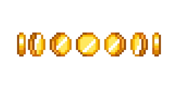 Set of 8-bit pixel graphics icons. game art. coins of gold for animation. isolated vector