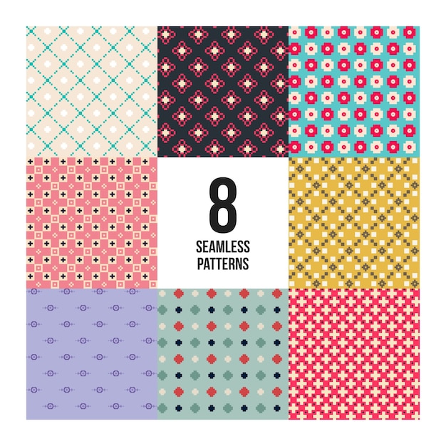 Set of 8 colorful pixelated patterns. Childish style. Useful for wrapping and textile design.