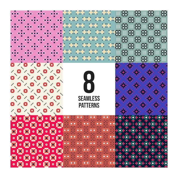 Set of 8 colorful pixelated patterns. Childish style. Useful for wrapping and textile design.