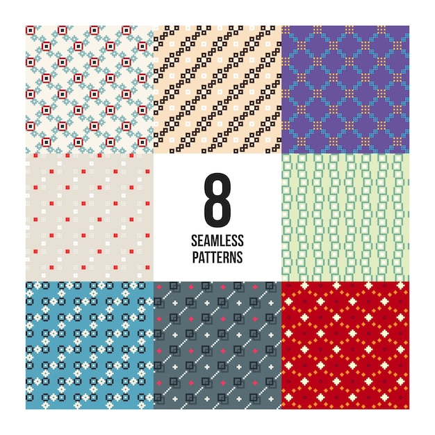 Set of 8 colorful pixelated patterns. childish style. useful for wrapping and textile design.