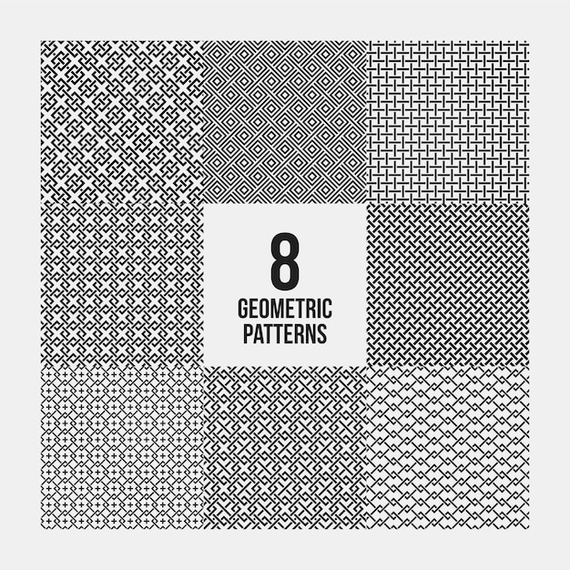 Set of 8 complex monochrome geometric patterns. Seamless backgrounds, useful for textile design.