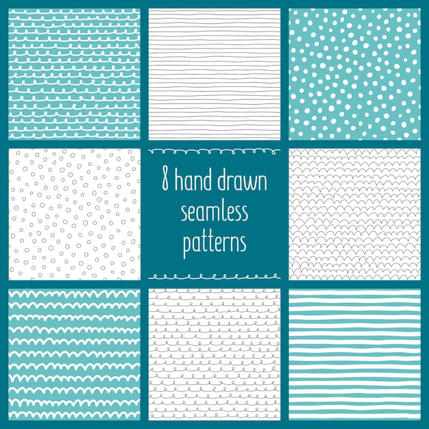 Vector set of 8 hand drawn vector seamless patterns