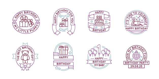 Set of 8 happy birthday celebration logo icons