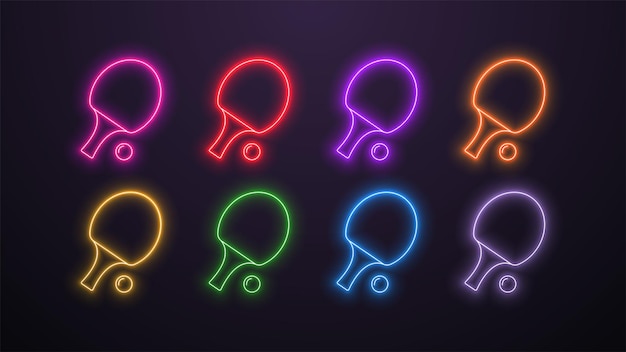 A set of 8 neon glowing LED lamp icons with rackets and a ping pong ball in different colors white orange blue yellow green red purple and pink on a dark background Logo for sports