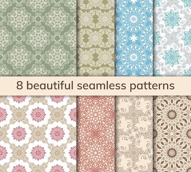 Set of 8 patterns Collection arabic indian japanese islamic motifs Mandala seamless pattern