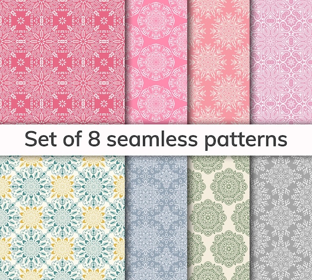 Set of 8 patterns Collection arabic indian japanese islamic motifs Mandala seamless pattern