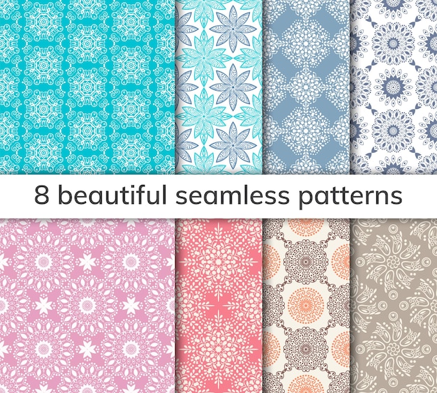 Set of 8 patterns Collection arabic indian japanese islamic motifs Mandala seamless pattern