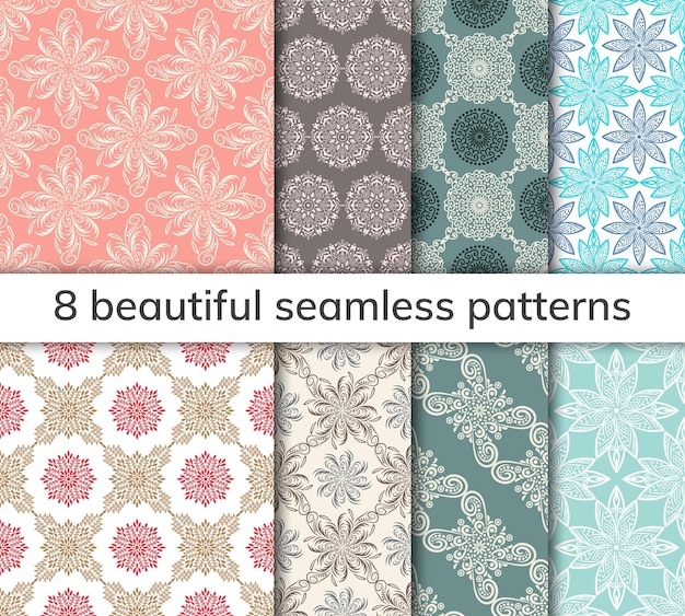 Set of 8 patterns Collection arabic indian japanese islamic motifs Mandala seamless pattern