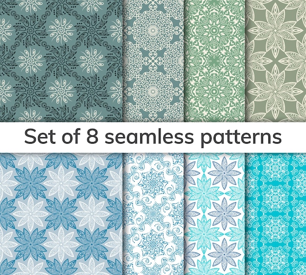 Set of 8 patterns Collection arabic indian japanese islamic motifs Mandala seamless pattern