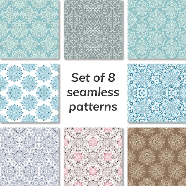 Set of 8 patterns collection arabic indian japanese islamic motifs mandala seamless pattern