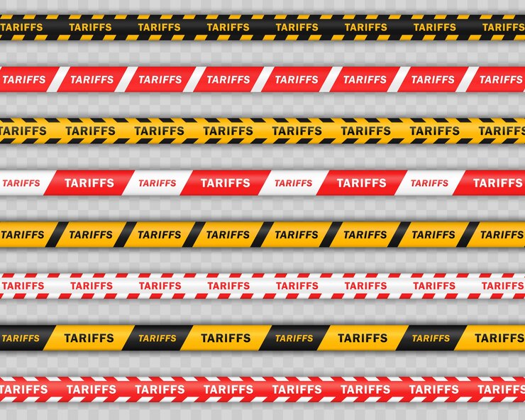 Vector set of 8 red and yellow striped tapes barrier ribbons line with tariffs text isolated on transparent