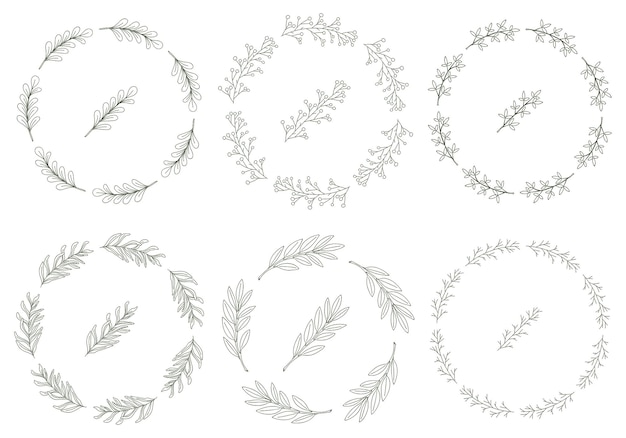 Set of 8 round wreaths of hand-drawn twigs with leaves in doodle style.