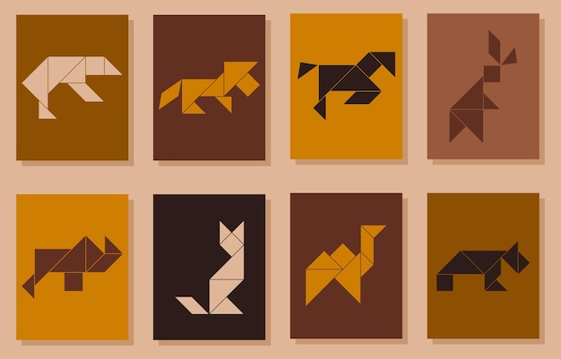 Set of 8 tangram posters with different animals Modern minimalistic posters with animals