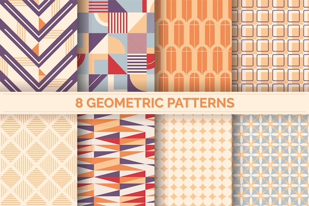 Set of 8 trendy retro style seamless patterns with abstract geometric shapes