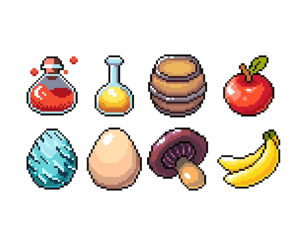 Set of 8bit pixel graphics icons isolated vector illustration fruits elixir potions mushrooms