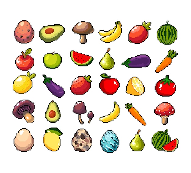 Set of 8bit pixel graphics icons isolated vector illustration fruits elixir potions mushrooms