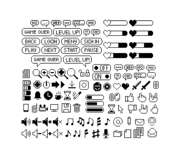 Set of 8bit pixel graphics icons isolated vector illustration game art black and white image